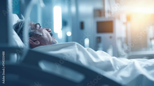 Bearded man sleeping in a hospital bed with an oxygen mask on his face