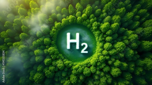 Aerial View of a Lush Green Forest with a Large H2 Symbol in the Center, Representing Green Hydrogen Production photo