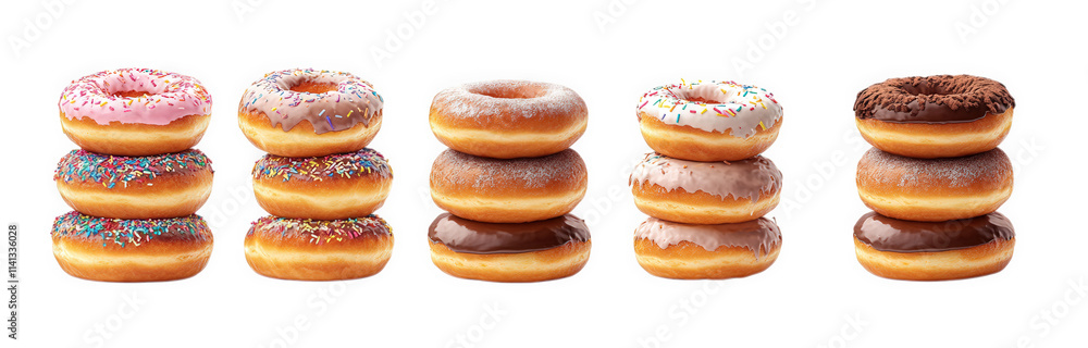 a collection of six donuts. stacked in three pairs. with different toppings the toppings are chocolate. white frosting with sprinkles. pink frosting. and vanilla frosting with sprinkles a collection of six donuts. stacked in three pairs. with different toppings the toppings are chocolate. white frosting with sprinkles. pink frosting. and vanilla frosting with sprinkles