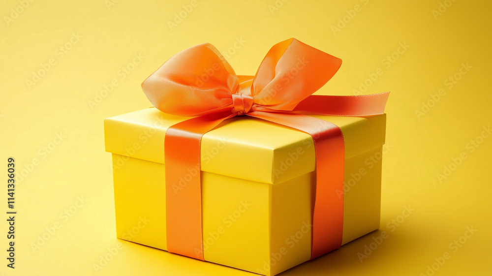 Obraz premium Pretty gift box with yellow wrapping and orange ribbon on a yellow studio background and space for text