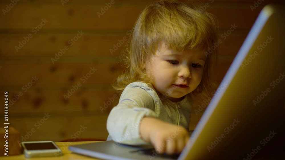 Baby with laptop. Blond baby working with laptop at home. Smart little child using her laptop. Cute baby computing. Little girl on a computer. Kid using a computer.