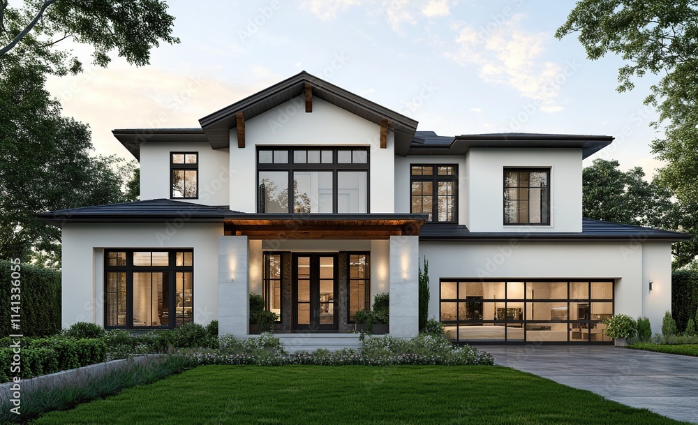 Modern House Design: Two-Story Home with Black Windows and White Exterior, Landscaped Yard, Evening Light Modern House Design: Two-Story Home with Black Windows and White Exterior, Landscaped Yard, Evening Light