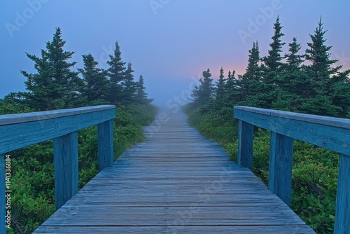 A wooden boardwalk leads through foggy greenery, inviting exploration in a tranquil landscape.