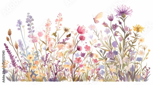 Fototapeta Naklejka Na Ścianę i Meble -  Wildflower border watercolor clipart featuring vibrant, hand-painted flowers 