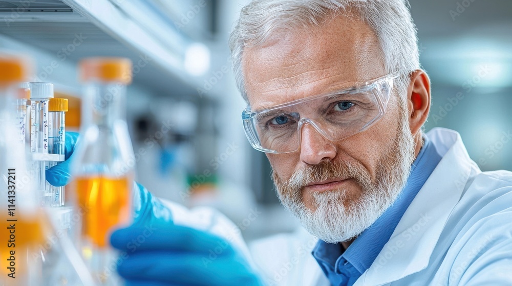 Senior scientist with beard examining samples through microscope in a well equipped modern research laboratory conducting scientific experiments and analysis for medical healthcare Senior scientist with beard examining samples through microscope in a well equipped modern research laboratory conducting scientific experiments and analysis for medical healthcare