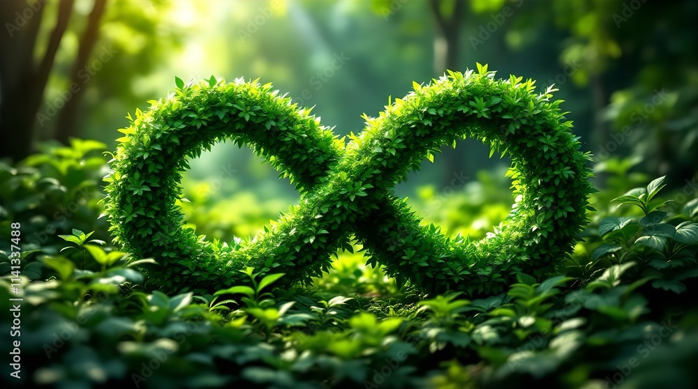 Lush Green Infinity Symbol in a Vibrant Forest, Representing Endless Nature and Sustainability, Sunlight Dappled Through Leaves Lush Green Infinity Symbol in a Vibrant Forest, Representing Endless Nature and Sustainability, Sunlight Dappled Through Leaves