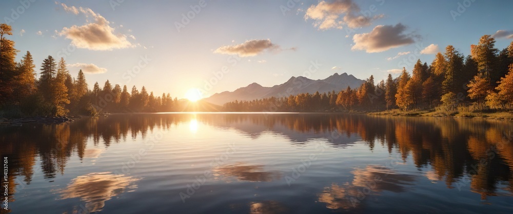 Serene lake in the afternoon with a warm sun casting a gentle glow on the water, peaceful, calm Serene lake in the afternoon with a warm sun casting a gentle glow on the water, peaceful, calm