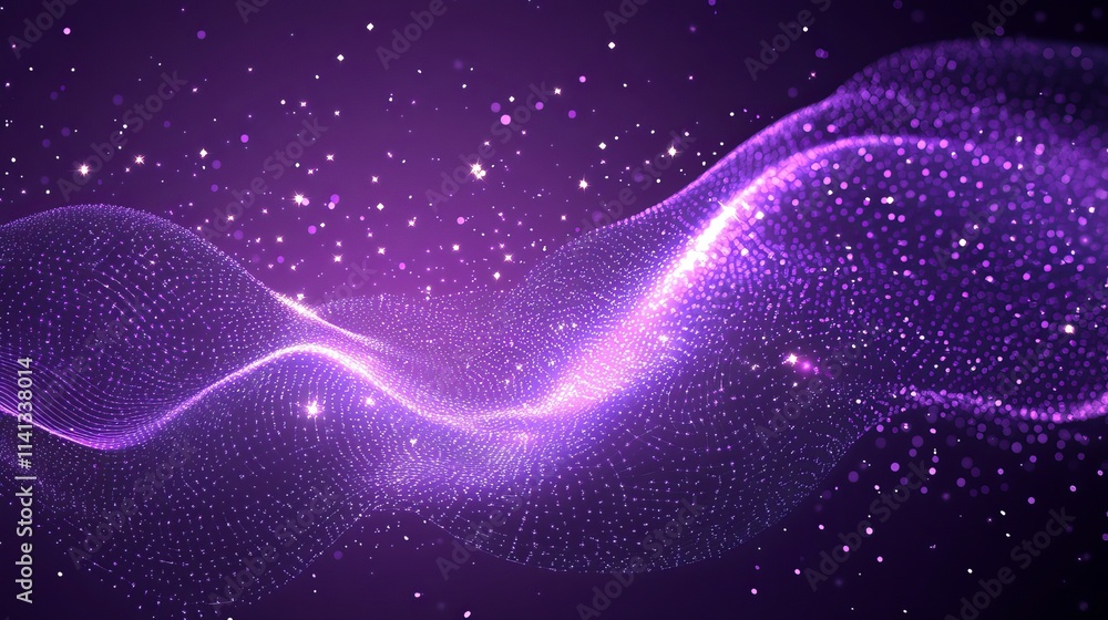 Fototapeta premium Abstract digital purple particles wave with shining dots and stars, glowing light background