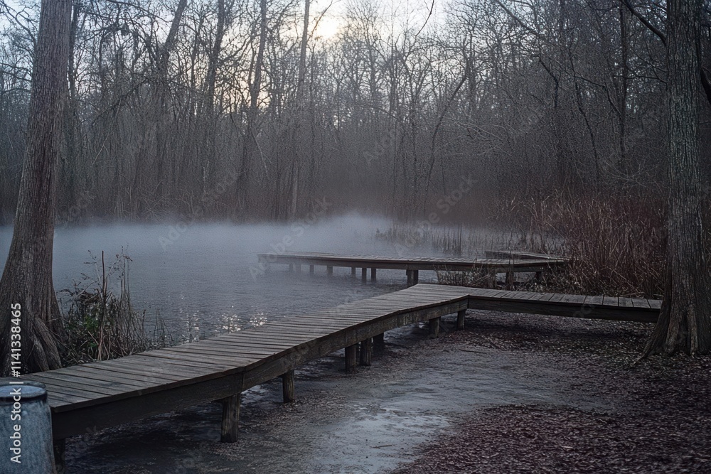Obraz premium A misty landscape with wooden walkways beside a serene, foggy water body.
