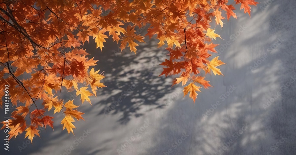 Soft focus autumnal background with maple tree leaves shadow on a gray wall , background, colors, warm Soft focus autumnal background with maple tree leaves shadow on a gray wall , background, colors, warm