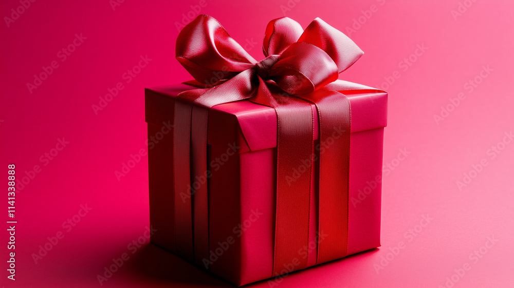 Hot pink gift box with double ribbon on a fuchsia studio background Hot pink gift box with double ribbon on a fuchsia studio background