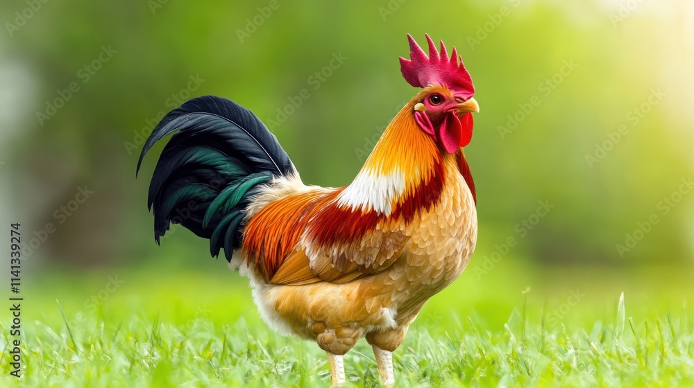 Fototapeta premium A colorful rooster standing on green grass in a natural setting.
