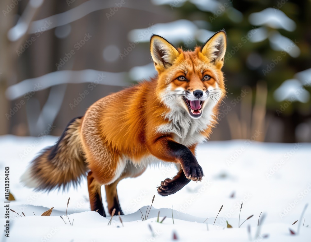 Obraz premium A fiery red fox bursts through a winter wonderland, its head turned sideways with tongue lolling out as it bounds across a blanket of pristine snow