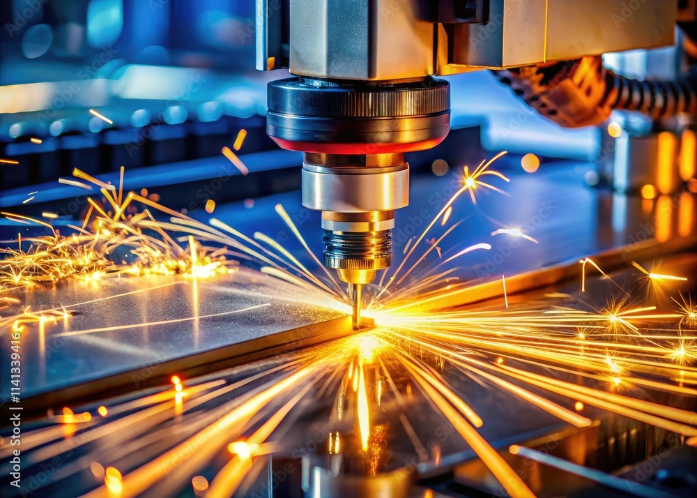 Fiery sparks ignite technological advancement. Metal laser CNC cutting in action. Fiery sparks ignite technological advancement. Metal laser CNC cutting in action.