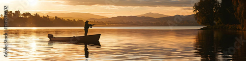 Silhouette of Man Fishing from Boat at Dusk on Calm Lake

 photo