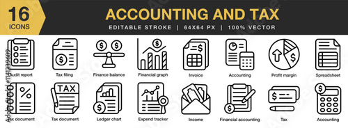 Accounting And Tax icon set. Editable Stroke Icon Collection. Includes business, accounting, financial, tax, analysis, and More. Outline icons vector collection.