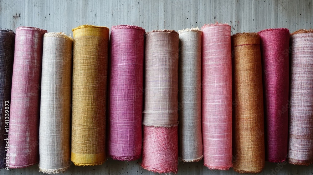 Quality linen fabric rolls set in a row, ideal for printing designs. Quality linen fabric rolls set in a row, ideal for printing designs.