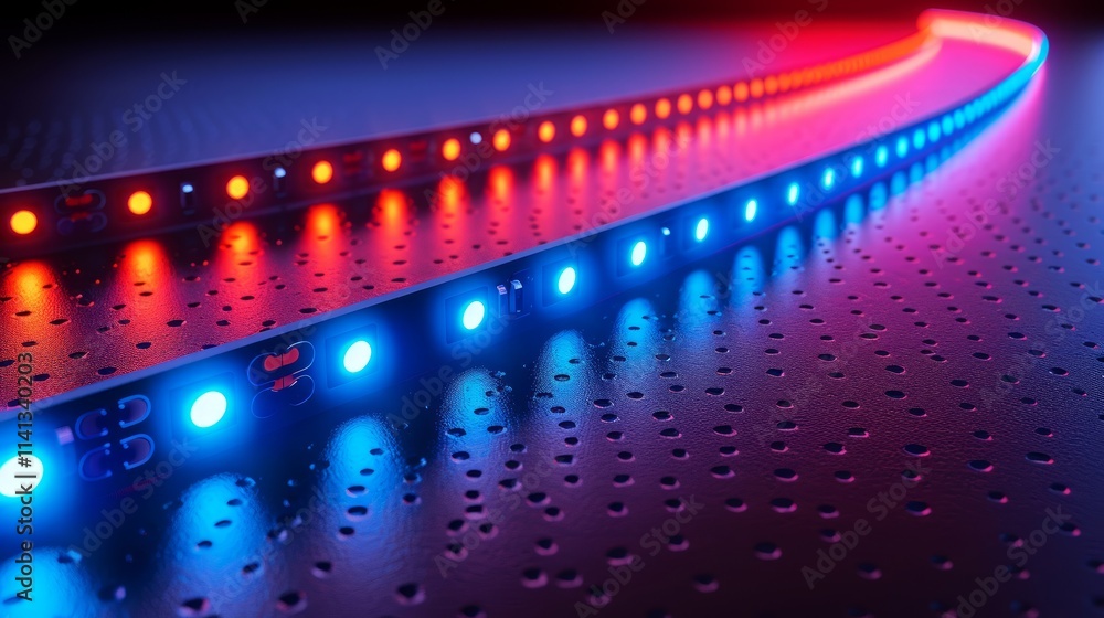 Colorful LED strip lights curving on dark surface. Colorful LED strip lights curving on dark surface.