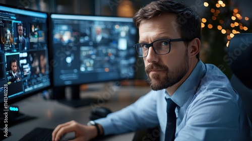 Serious Middle Aged Businessman Deeply Focused on Analyzing Financial Data and Reports on Multiple Computer Screens in a Modern Technology Driven Office Workspace