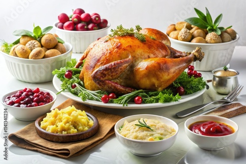 Flat lay showcasing a minimalist Thanksgiving dinner: roasted turkey centerpiece, elegant simplicity. photo