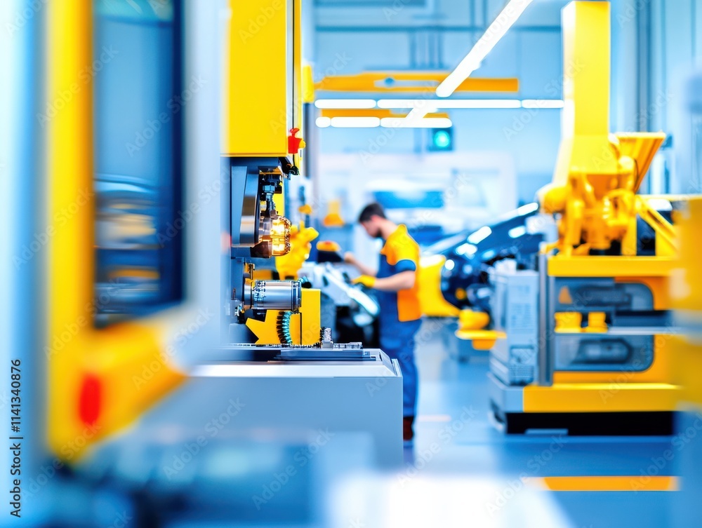 A worker operating machinery in a modern industrial facility. A worker operating machinery in a modern industrial facility.