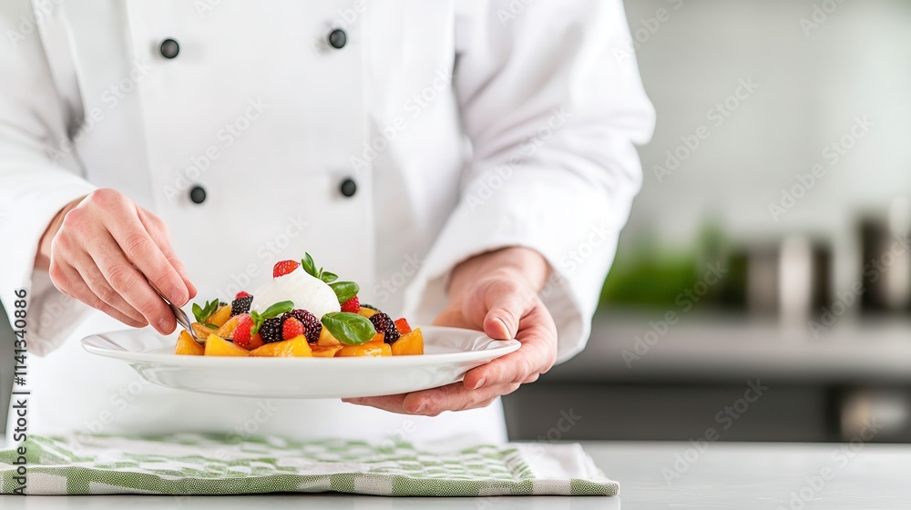 Halal fruits use organic ingredients. Chef plating a colorful dessert with fresh fruits and cream. Halal fruits use organic ingredients. Chef plating a colorful dessert with fresh fruits and cream.
