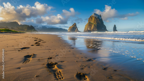 Footprints Leading Towards the Ocean on a Serene Sandy Beach

 photo