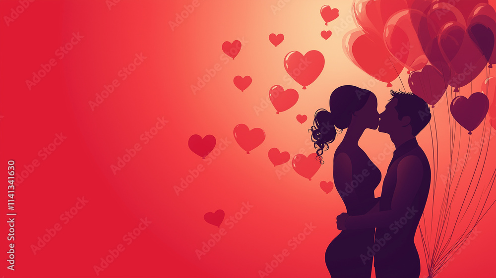 Fototapeta premium Illustration or flat design of a red romantic background, balloons and couple kissing, Valentine's Day concept, wedding or anniversary card or postcard