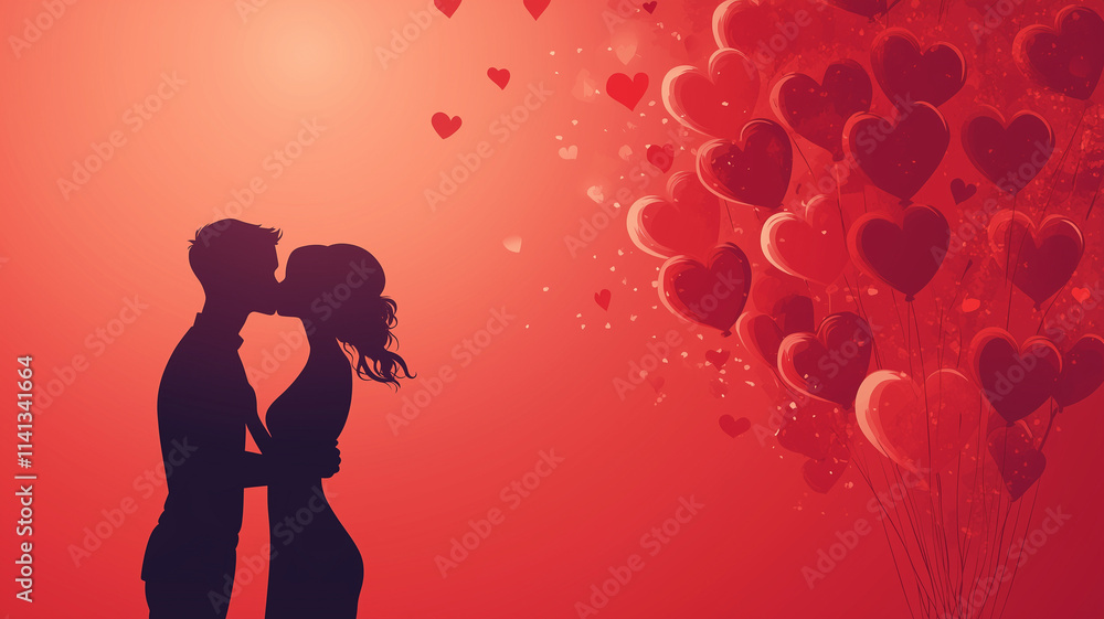 Portrait of two romantic couples kissing on a red background with balloons in the shape of hearts with copy space, vector illustration, flat design Portrait of two romantic couples kissing on a red background with balloons in the shape of hearts with copy space, vector illustration, flat design