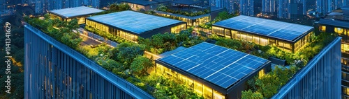 Aerial view of modern rooftop gardens with solar panels. photo