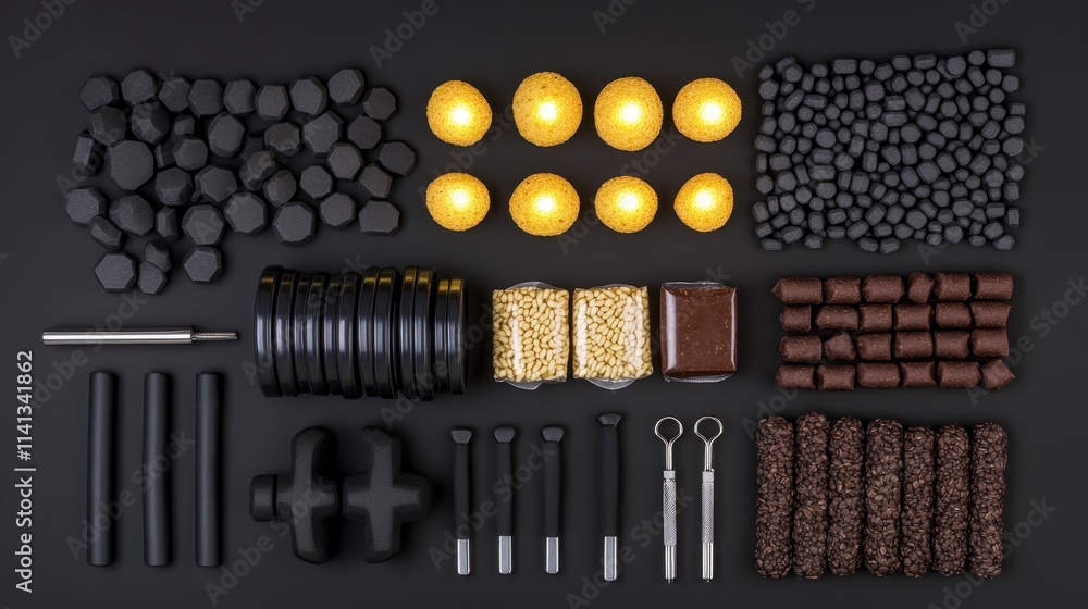 A visually striking arrangement of various black and gold objects, including candles, beads, and tools, set against a dark background. A visually striking arrangement of various black and gold objects, including candles, beads, and tools, set against a dark background.