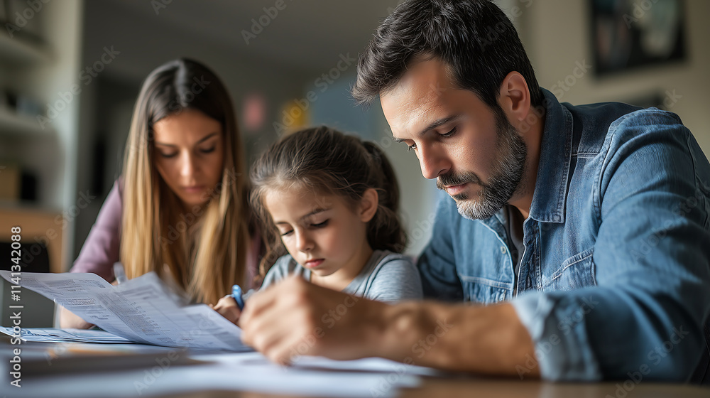 Obraz premium A parent and child reading a book together at home, with a warm and educational atmosphere, showing a happy family moment.