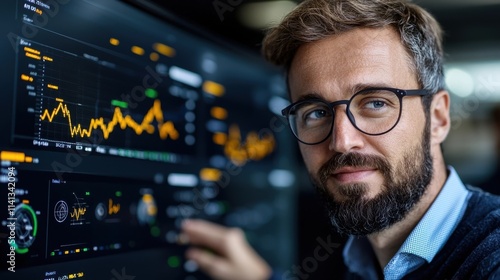 Experienced business professional closely examining real time financial market charts and analytical metrics displayed on a digital dashboard to make informed data driven decisions photo