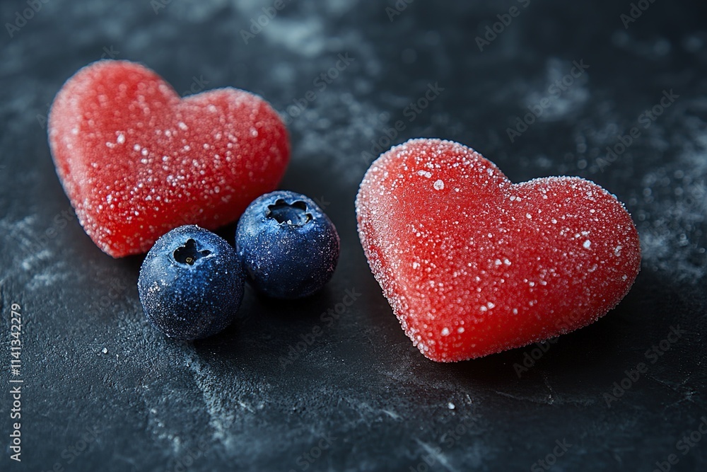 Obraz premium Sugar-Coated Heart Candies with Blueberries on Dark Background: A Sweet Culinary Delight