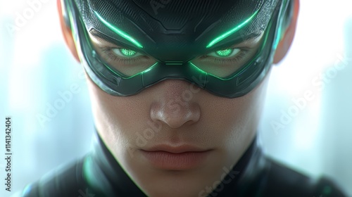 A focused character in a sleek mask with glowing green accents, exuding a sense of power and determination. photo