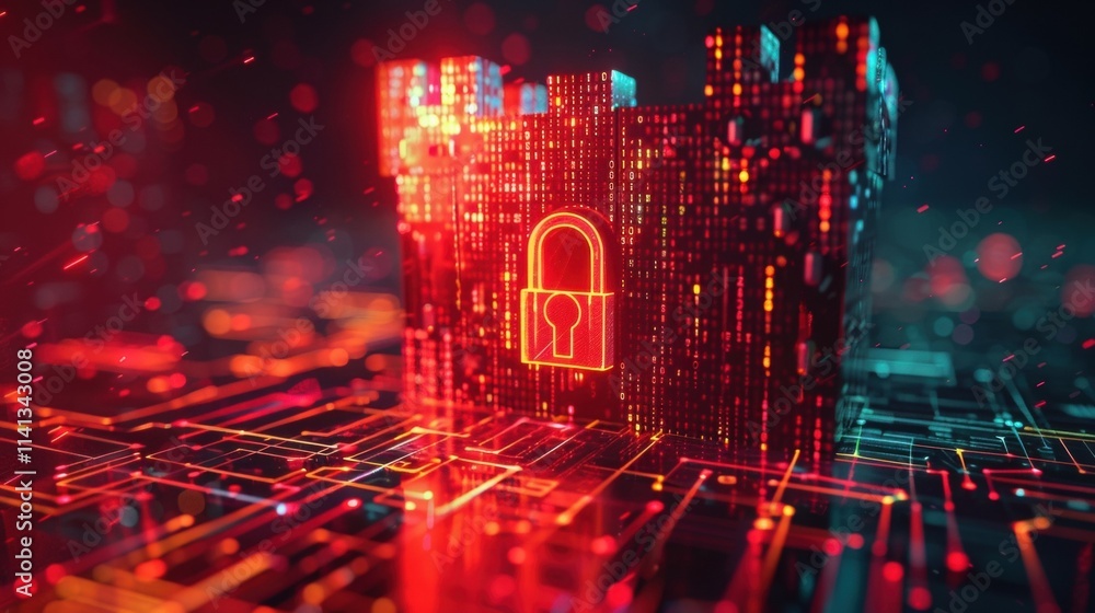 Server farm with binary code and glowing padlock representing cybersecurity and data protection in a futuristic digital environment with big data flowing Server farm with binary code and glowing padlock representing cybersecurity and data protection in a futuristic digital environment with big data flowing