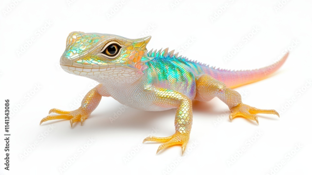 Fototapeta premium A vibrant, colorful lizard with iridescent scales and a distinctive posture, showcasing its unique features against a white background.