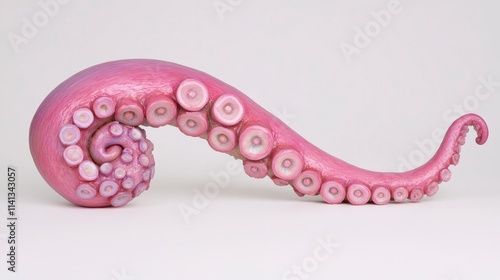 A vibrant pink octopus tentacle with suction cups, elegantly curved against a white background, showcasing its unique texture and form. photo