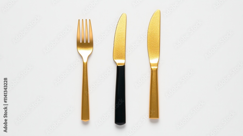 Fototapeta premium Elegant gold cutlery set featuring a fork, knife, and a unique black-handled knife on a clean background.