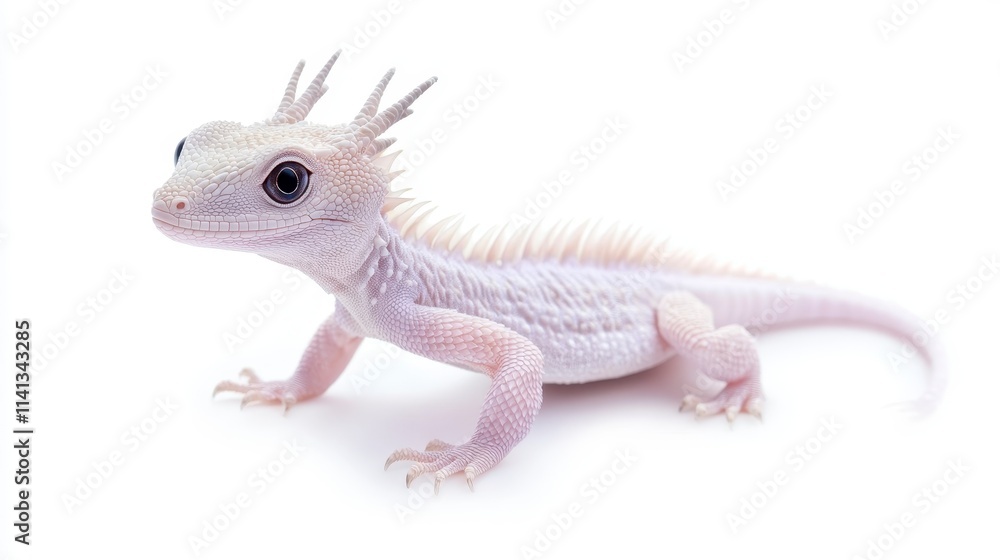 Fototapeta premium A pale, spiky lizard with a slender body and large eyes, showcasing a unique appearance and texture against a white background.