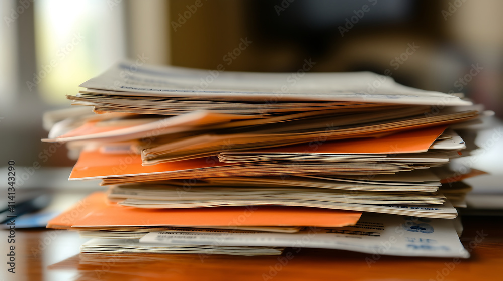 A pile of overdue utility bills, shows household debt challenges, highlighting the burden of unpaid expenses. The debt settlement concept. A pile of overdue utility bills, shows household debt challenges, highlighting the burden of unpaid expenses. The debt settlement concept.