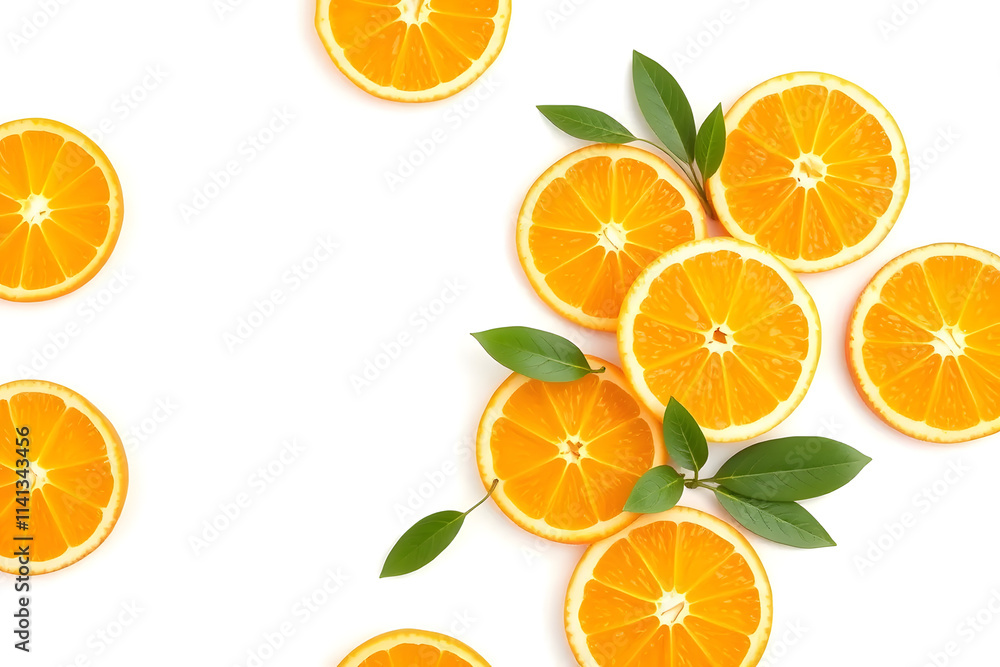 Fresh orange slices and green leaves arranged on a white background. Fresh orange slices and green leaves arranged on a white background.