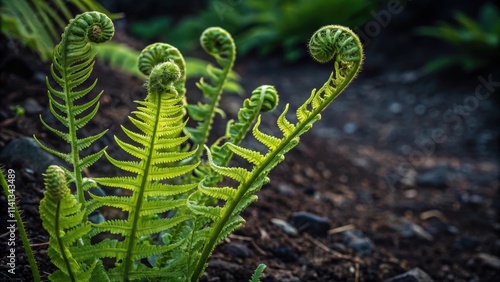 Close up of fresh green fern fronds unfurling in the rich soil of a botanical garden, representing new life, growth, and the beauty of nature photo