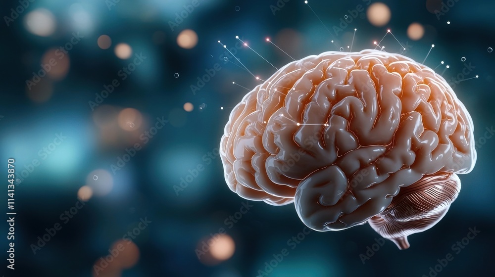 Detailed anatomical of the human brain with glowing neural connections synaptic activity and a modern scientific looking textured background Detailed anatomical of the human brain with glowing neural connections synaptic activity and a modern scientific looking textured background