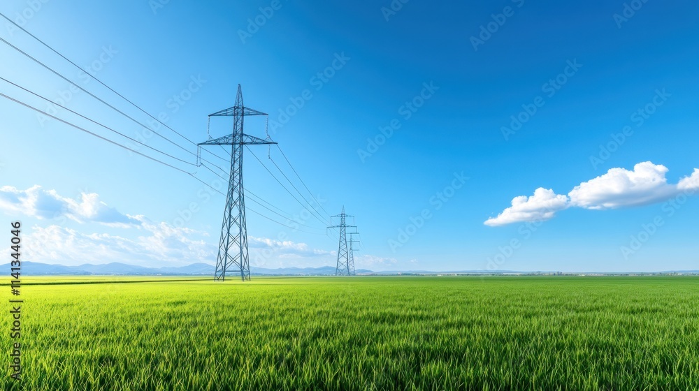 Power lines stretch across a vibrant green field under a blue sky. Power lines stretch across a vibrant green field under a blue sky.