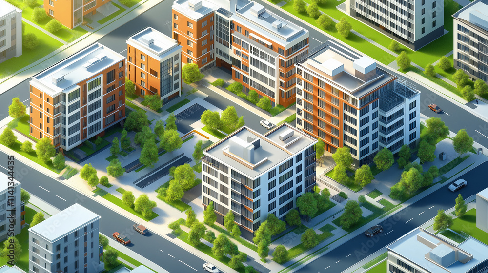 Isometric view of a modern residential complex, many buildings with balconies, green spaces with trees and walking paths Isometric view of a modern residential complex, many buildings with balconies, green spaces with trees and walking paths