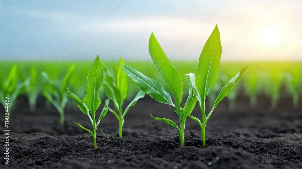 Young green plants growing in rich soil under a bright sky. Young green plants growing in rich soil under a bright sky.