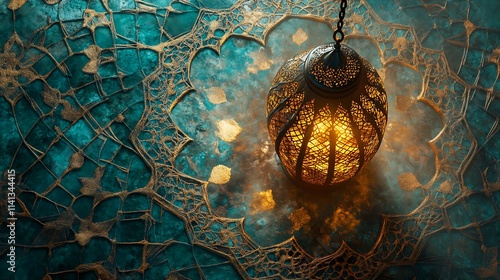 Ornate Gold Lantern Hanging Over Teal Mosaic Background