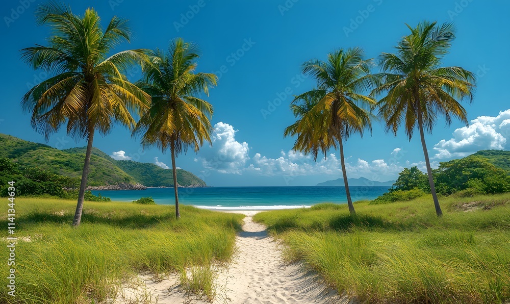 Beautiful tropical beach with palm trees and a blue sky background, Generative AI Beautiful tropical beach with palm trees and a blue sky background, Generative AI