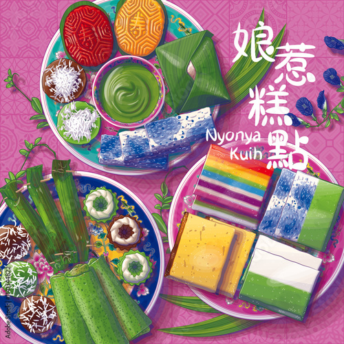 Nyonya Kuih Top View Illustration. Translation: (Title) Nyonya Desserts